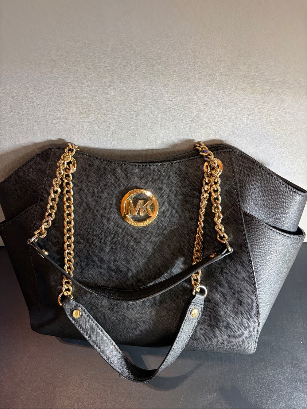 Michael Kors Black Saffiano Leather Shoulder Tote with Gold Chain Trim